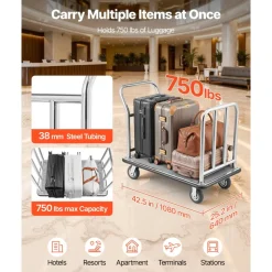 VEVOR Hotel Luggage Cart, 750 LBS Load Capacity, Deluxe Platform Truck with Removable Front Frame, Valet Cart with Grey Carpeted Deck and 6-inch Rubber Wheels, Ideal for Hotels, Condos, Resorts
