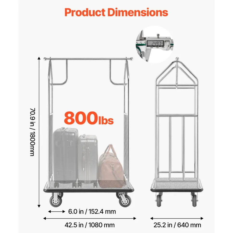 VEVOR Hotel Luggage Cart, 800 LBS Load Capacity, Brushed Stainless Steel Finish Bellman's Cart, Valet Cart with Grey Carpeted Deck and 6-inch Rubber Wheels, Ideal for Hotels, Condos, Resorts, Silver