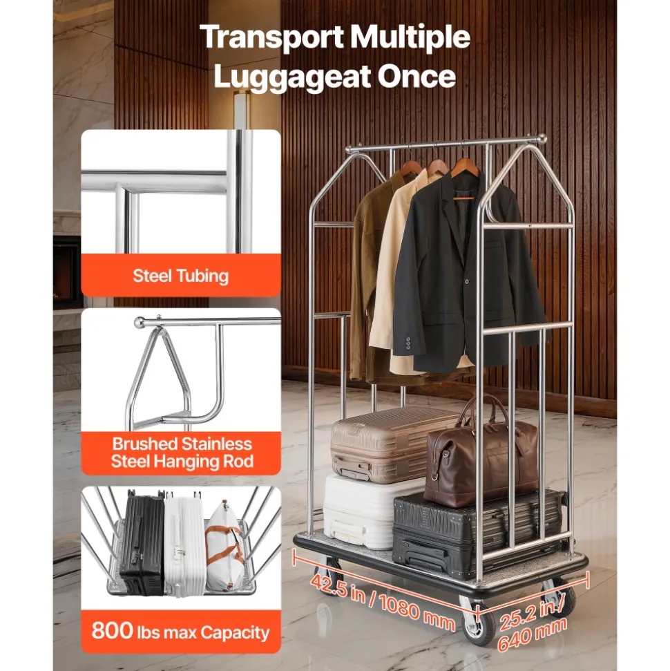 VEVOR Hotel Luggage Cart, 800 LBS Load Capacity, Brushed Stainless Steel Finish Bellman's Cart, Valet Cart with Grey Carpeted Deck and 6-inch Rubber Wheels, Ideal for Hotels, Condos, Resorts, Silver