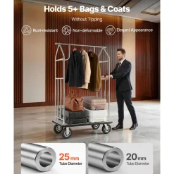 VEVOR Hotel Luggage Cart, 800 LBS Load Capacity, Brushed Stainless Steel Finish Bellman's Cart, Valet Cart with Grey Carpeted Deck and 6-inch Rubber Wheels, Ideal for Hotels, Condos, Resorts, Silver