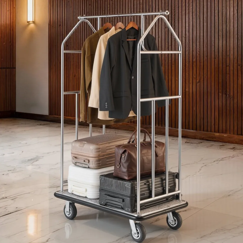 VEVOR Hotel Luggage Cart, 800 LBS Load Capacity, Brushed Stainless Steel Finish Bellman's Cart, Valet Cart with Grey Carpeted Deck and 6-inch Rubber Wheels, Ideal for Hotels, Condos, Resorts, Silver