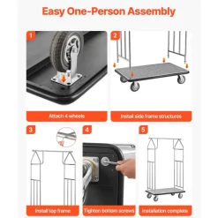 VEVOR Hotel Luggage Cart, 800 LBS Load Capacity, Brushed Stainless Steel Finish Bellman's Cart, Valet Cart with Grey Carpeted Deck and 6-inch Rubber Wheels, Ideal for Hotels, Condos, Resorts, Silver
