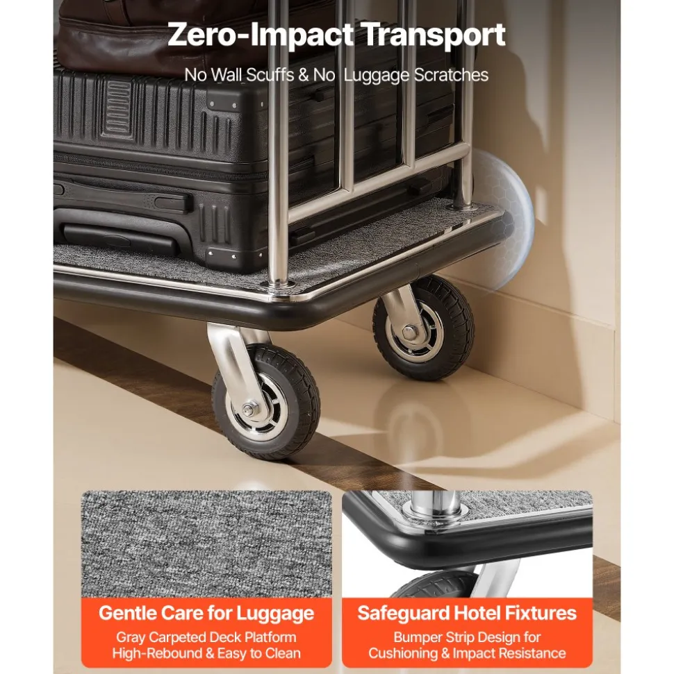VEVOR Hotel Luggage Cart, 800 LBS Load Capacity, Brushed Stainless Steel Finish Bellman's Cart, Valet Cart with Grey Carpeted Deck and 6-inch Rubber Wheels, Ideal for Hotels, Condos, Resorts, Silver