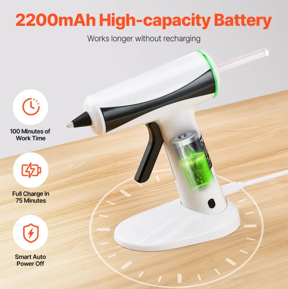 VEVOR Hot Glue Gun, Rechargeable Cordless Glue Gun, Mini Wireless Hot Glue Gun Kit with 2200mAh Battery, 20 Pcs Glue Sticks, Fast Preheating & High Temp, for Crafts, Arts, DIY, Quick Home Repairs