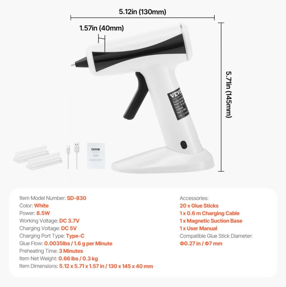 VEVOR Hot Glue Gun, Rechargeable Cordless Glue Gun, Mini Wireless Hot Glue Gun Kit with 2200mAh Battery, 20 Pcs Glue Sticks, Fast Preheating & High Temp, for Crafts, Arts, DIY, Quick Home Repairs