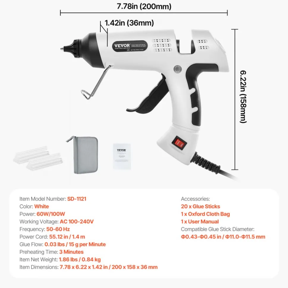 VEVOR Hot Glue Gun, 60/100W Dual Power, Mini Hot Glue Gun with 20 Premium Glue Sticks and Oxford Cloth Bag, Fast Preheating & High Temp Melt Glue Gun for Crafts, Arts, DIY, Quick Home Repairs, White