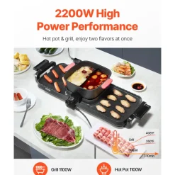 VEVOR Hot Pot with Grill, 2300W 2-in-1 Electric Smokeless Grill and Hot Pot, Removable Shabu-shabu Hotpot with Non-stick Pan, Separate Dual Temperature Control, Indoor Korean BBQ for 1-6 People