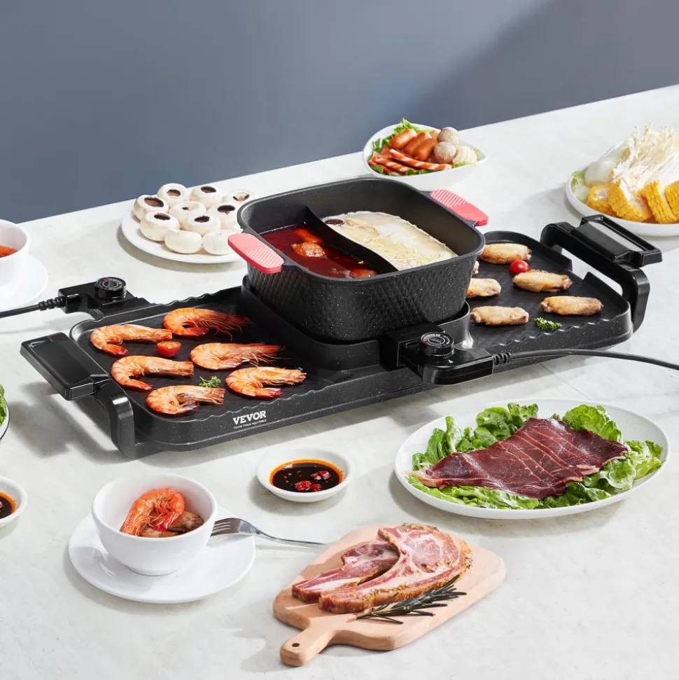 VEVOR Hot Pot with Grill, 2300W 2-in-1 Electric Smokeless Grill and Hot Pot, Removable Shabu-shabu Hotpot with Non-stick Pan, Separate Dual Temperature Control, Indoor Korean BBQ for 1-6 People