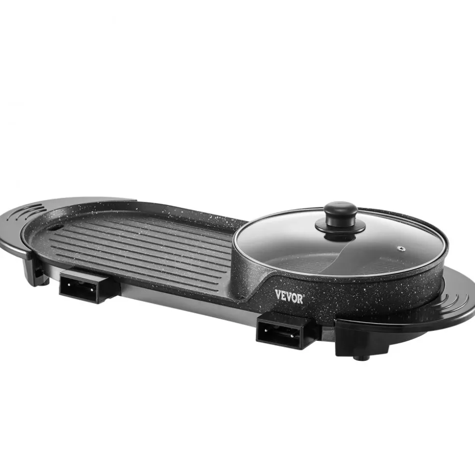 VEVOR Hot Pot with Grill, 2200W 2-in-1 Electric Smokeless Grill and Hot Pot, Korean BBQ Shabu Shabu Hotpot with Separate Dual Temperature Control, Non-stick Pan, for 1-6 People Family Dinning