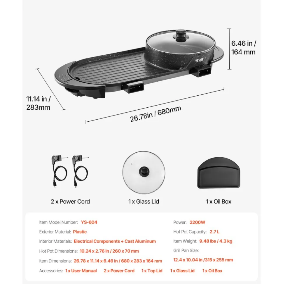 VEVOR Hot Pot with Grill, 2200W 2-in-1 Electric Smokeless Grill and Hot Pot, Korean BBQ Shabu Shabu Hotpot with Separate Dual Temperature Control, Non-stick Pan, for 1-6 People Family Dinning