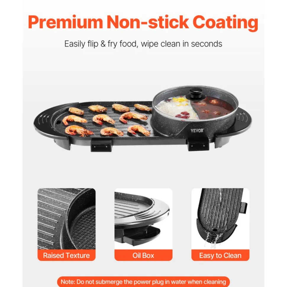 VEVOR Hot Pot with Grill, 2200W 2-in-1 Electric Smokeless Grill and Hot Pot, Korean BBQ Shabu Shabu Hotpot with Separate Dual Temperature Control, Non-stick Pan, for 1-6 People Family Dinning