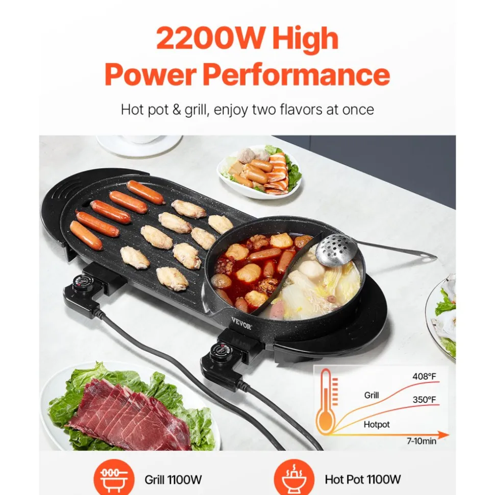 VEVOR Hot Pot with Grill, 2200W 2-in-1 Electric Smokeless Grill and Hot Pot, Korean BBQ Shabu Shabu Hotpot with Separate Dual Temperature Control, Non-stick Pan, for 1-6 People Family Dinning