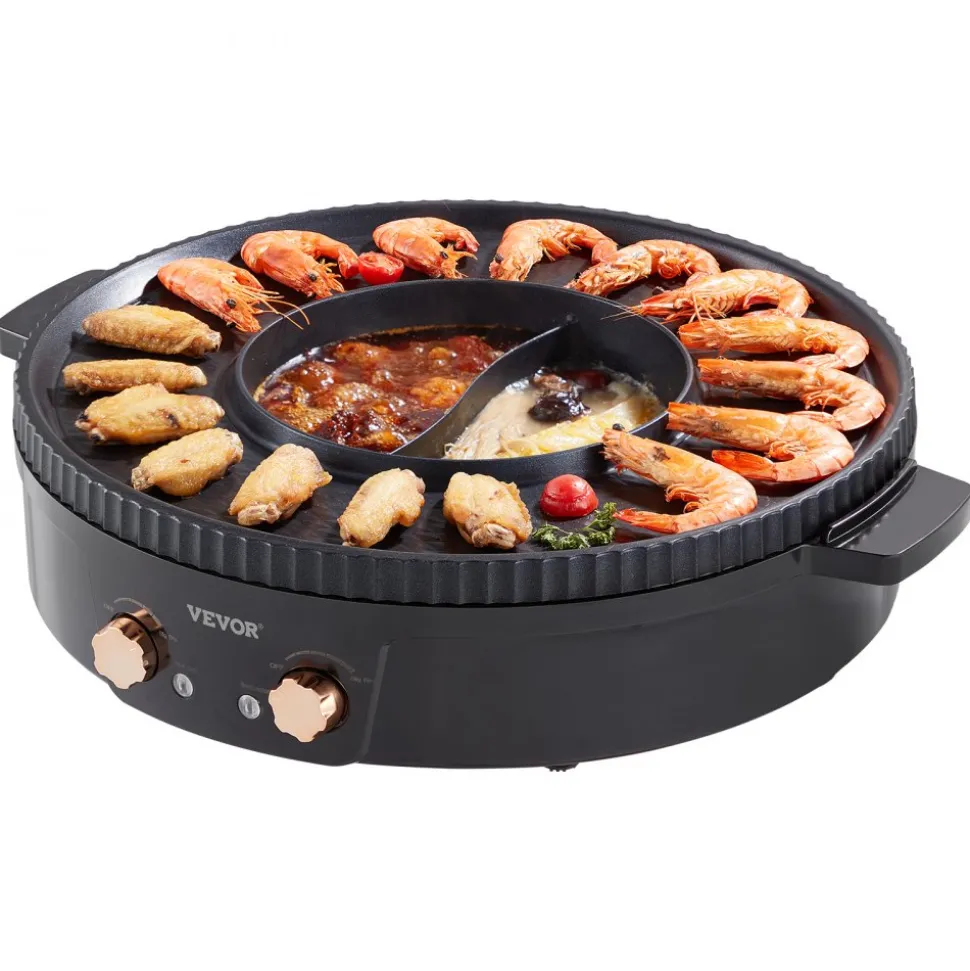 VEVOR Hot Pot with Grill, 1800W 2-in-1 Electric Smokeless Grill and Hot Pot, Korean BBQ Shabu Shabu Hotpot with Separate Dual Temperature Control, Non-stick Pan, for 2-8 People Family Dining