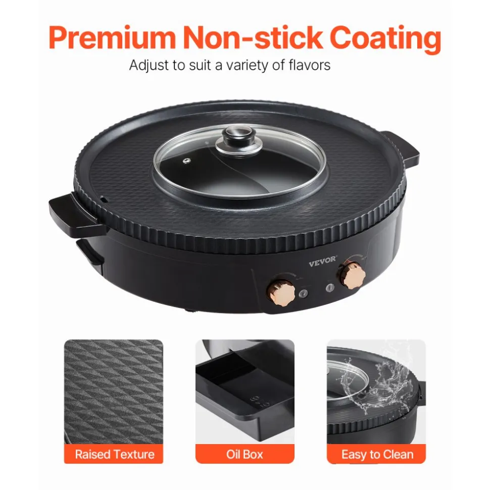 VEVOR Hot Pot with Grill, 1800W 2-in-1 Electric Smokeless Grill and Hot Pot, Korean BBQ Shabu Shabu Hotpot with Separate Dual Temperature Control, Non-stick Pan, for 2-8 People Family Dining