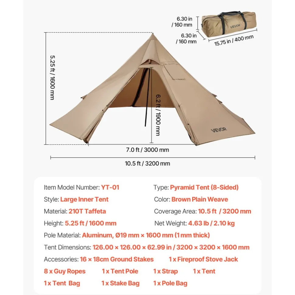 VEVOR Hot Tent for 2 Persons, Portable Winter Tipi Tent with Stove Jack, Waterproof Camping Tents, Lightweight 4 Season Shelter Tents for Hiking Fishing Backpacking, S Size