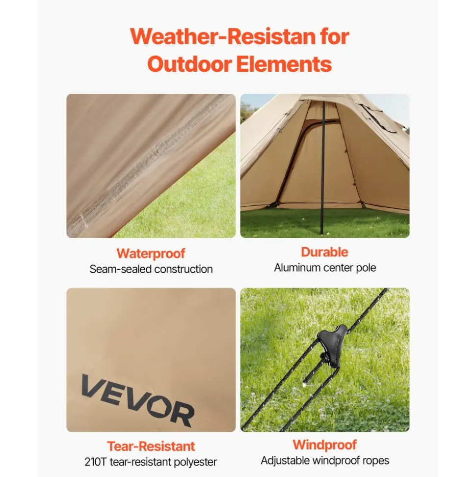 VEVOR Hot Tent for 4-6 Persons, Portable Winter Tipi Tent with Stove Jack, Waterproof Canvas Camping Tents, Lightweight 4 Season Shelter Tents for Hiking Fishing Backpacking, L Size