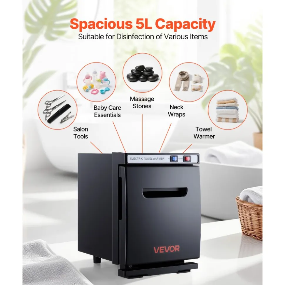 VEVOR Hot Towel Warmer, 1.1 gal Small Towel Warmer Cabinet with Clip & Stainless Steel Rack, Holds up 8-12 Towels, Portable All-Round Heating Cabinet for Spa, Barber, Manicures, Massage, Salon, Black