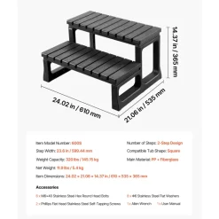 VEVOR Hot Tub Steps, 2-Step Spa Outdoor Stairs, Heavy Duty 23.6 inch Wide PP Above-Ground/Inflatable Pool Ladder with 320 lbs Weight Capacity, Multi-Use for Porch, Patio, Deck, Campers, Black