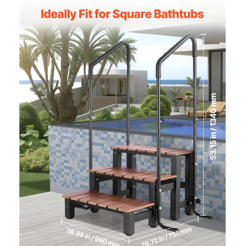 VEVOR Hot Tub Steps with Handrail, 3-Step Spa Outdoor Stairs, Heavy Duty 25.2 inch Wide Above-Ground/Inflatable Pool Ladder with 550 lbs Weight Capacity, Multi-Use for Porch, Patio, Deck, Trailers