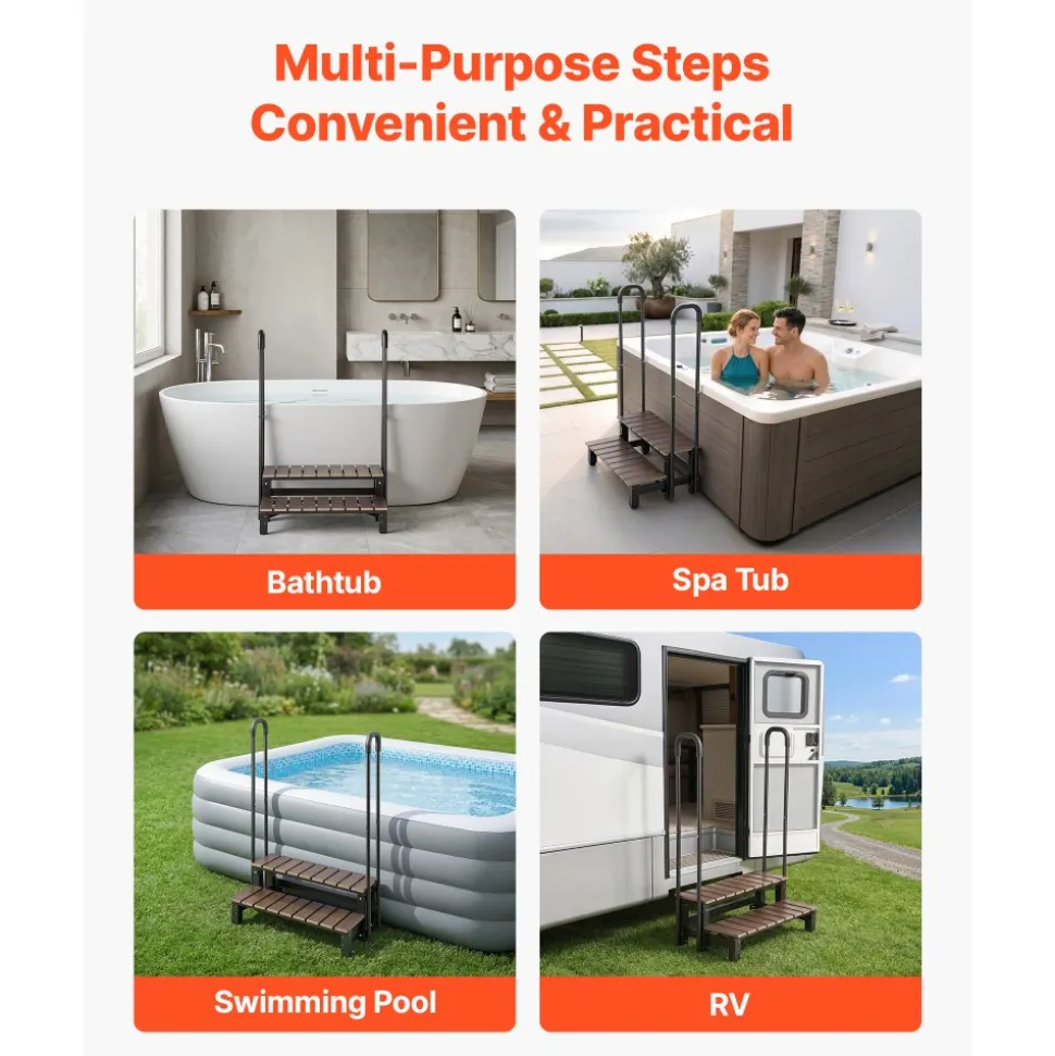 VEVOR Hot Tub Steps with Handrail 2-Step Spa Outdoor Stairs 550lbs Capacity, 32.3in Wide Step, Steel & Plastic, Easy Assembly, Non-Slip Step Ladder for Above-Ground/Inflatable Pool, RV,Patio,Deck