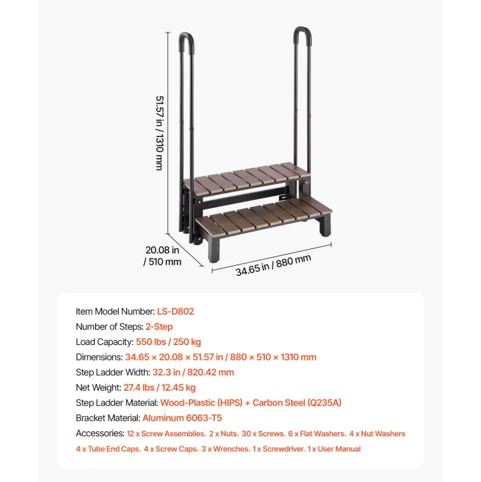 VEVOR Hot Tub Steps with Handrail 2-Step Spa Outdoor Stairs 550lbs Capacity, 32.3in Wide Step, Steel & Plastic, Easy Assembly, Non-Slip Step Ladder for Above-Ground/Inflatable Pool, RV,Patio,Deck