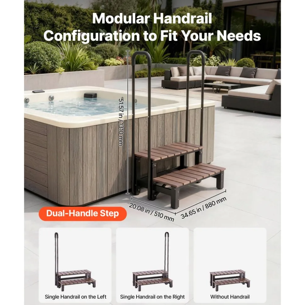 VEVOR Hot Tub Steps with Handrail 2-Step Spa Outdoor Stairs 550lbs Capacity, 32.3in Wide Step, Steel & Plastic, Easy Assembly, Non-Slip Step Ladder for Above-Ground/Inflatable Pool, RV,Patio,Deck