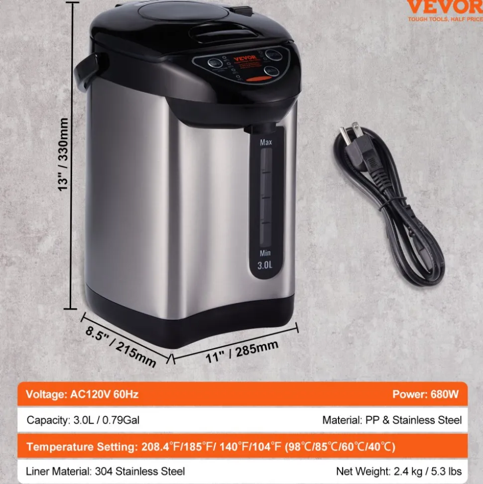 VEVOR Hot Water Dispenser, Adjustable 4 Temperatures Water Boiler and Warmer, 304 Stainless Steel Countertop Water Heater, 3-Way Dispense for Tea, Coffee and Baby Formula, 3L/102 oz