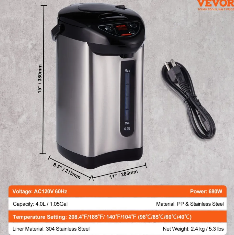 VEVOR Hot Water Dispenser, Adjustable 4 Temperatures Water Boiler and Warmer, 304 Stainless Steel Countertop Water Heater, 3-Way Dispense for Tea, Coffee and Baby Formula, 4L/135 oz