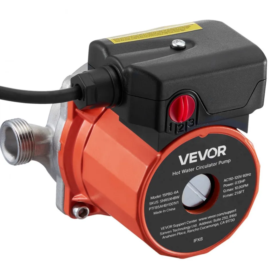 VEVOR Hot Water Recirculating Pump, 10 GPM, Instant Circulation Circulator Pump System, 3-Speed Control, 0.13 HP, 110-120V, NPT 3/4 in to NPT 1/2 in Adapter, Stainless Steel Head, for Water Heaters