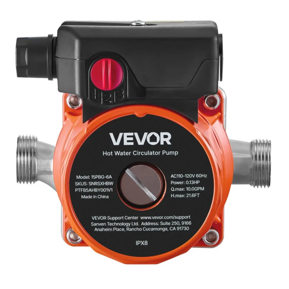 VEVOR Hot Water Recirculating Pump, 10 GPM, Instant Circulation Circulator Pump System, 3-Speed Control, 0.13 HP, 110-120V, NPT 3/4 in to NPT 1/2 in Adapter, Stainless Steel Head, for Water Heaters
