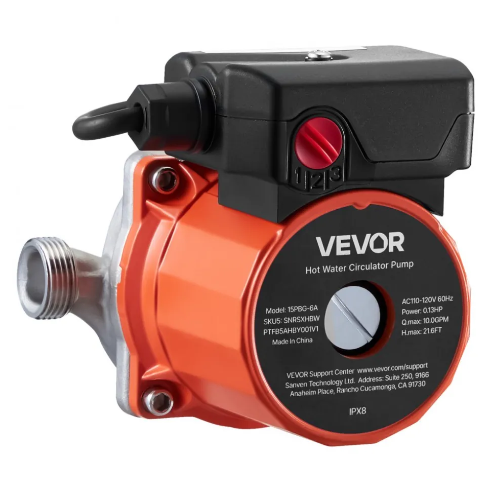 VEVOR Hot Water Recirculating Pump, 10 GPM, Instant Circulation Circulator Pump System, 3-Speed Control, 0.13 HP, 110-120V, NPT 3/4 in to NPT 1/2 in Adapter, Stainless Steel Head, for Water Heaters