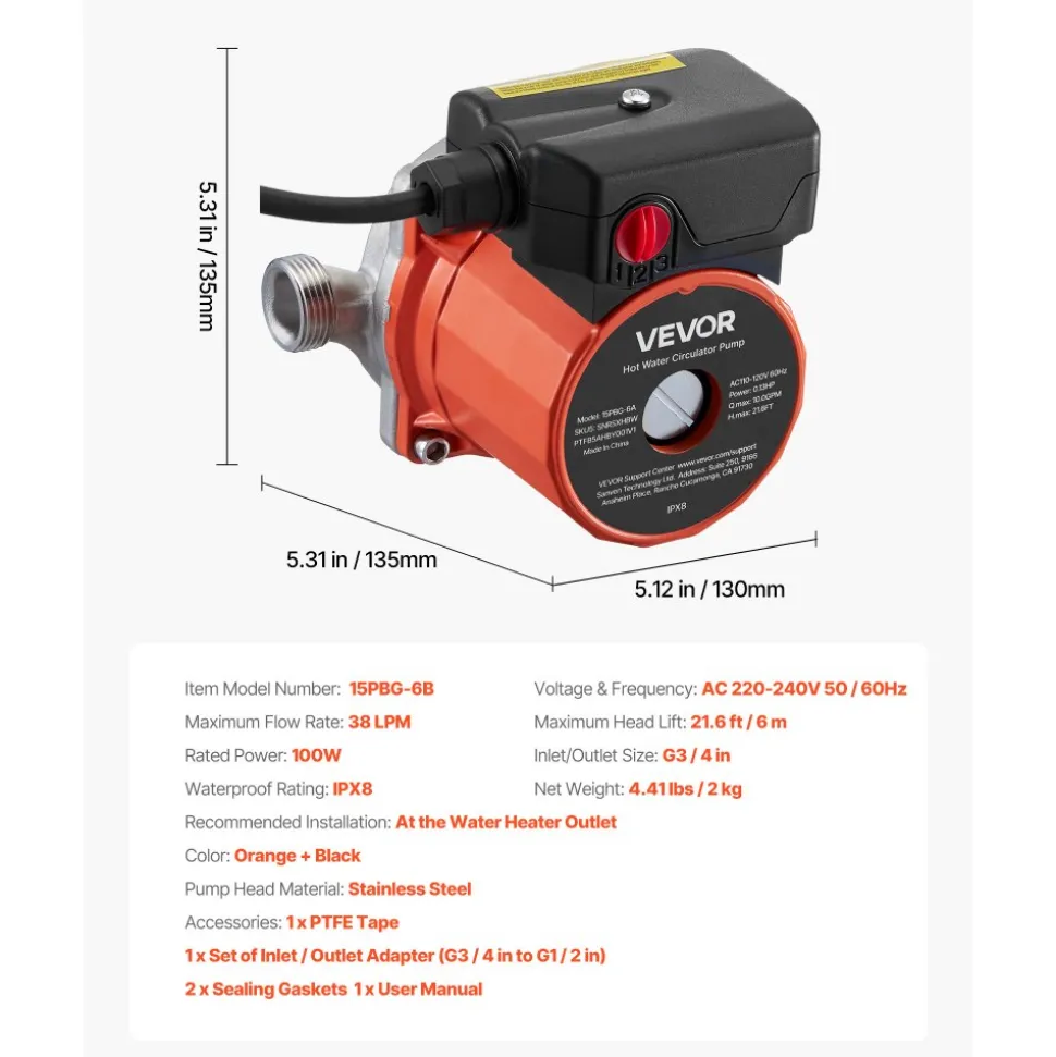 VEVOR Hot Water Recirculating Pump, 10 GPM, Instant Circulation Circulator Pump System, 3-Speed Control, 0.13 HP, 110-120V, NPT 3/4 in to NPT 1/2 in Adapter, Stainless Steel Head, for Water Heaters