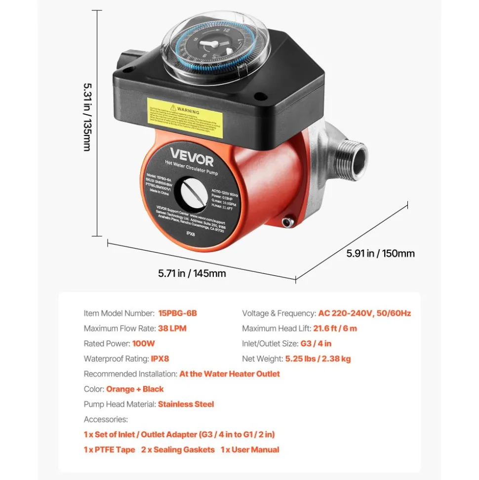 VEVOR Hot Water Recirculating Pump, with Timer, 10 GPM Instant Recirculation Pump Kit, Circulation Circulator System, 0.13 HP AC 110-120V, NPT 3/4 in to NPT 1/2 in Connector, for Solar Water Heater