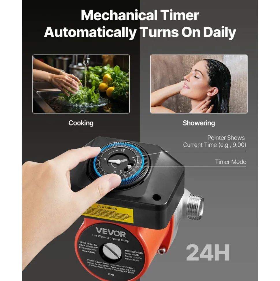 VEVOR Hot Water Recirculating Pump, with Timer, 10 GPM Instant Recirculation Pump Kit, Circulation Circulator System, 0.13 HP AC 110-120V, NPT 3/4 in to NPT 1/2 in Connector, for Solar Water Heater