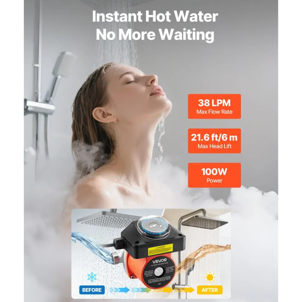 VEVOR Hot Water Recirculating Pump, with Timer, 10 GPM Instant Recirculation Pump Kit, Circulation Circulator System, 0.13 HP AC 110-120V, NPT 3/4 in to NPT 1/2 in Connector, for Solar Water Heater
