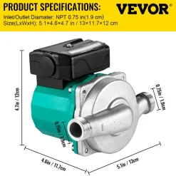 VEVOR Hot Water Recirculating Pump, 93W, 110V Water Circulator Pump, Circulation Pump, 3/4″ G Thread to 1/2″ NPT Brass Adapter, Stainless Steel Head, 3 Speed Control for Electric Water Heater System