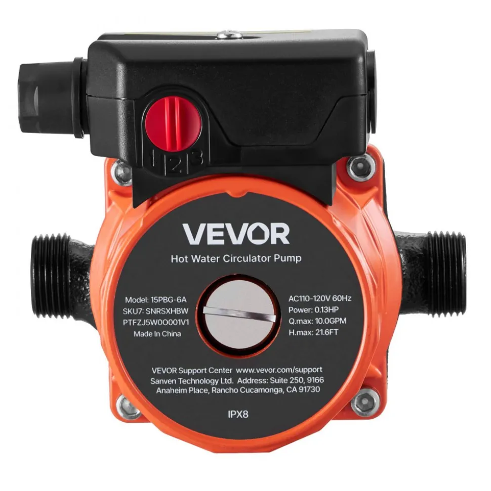 VEVOR Hot Water Recirculating Pump, 10 GPM, Instant Circulation Circulator Pump System, 3-Speed Control, 0.13 HP, 110-120V, NPT 3/4 in to NPT 1/2 in Adapter, Cast Iron Head, for Water Heater System
