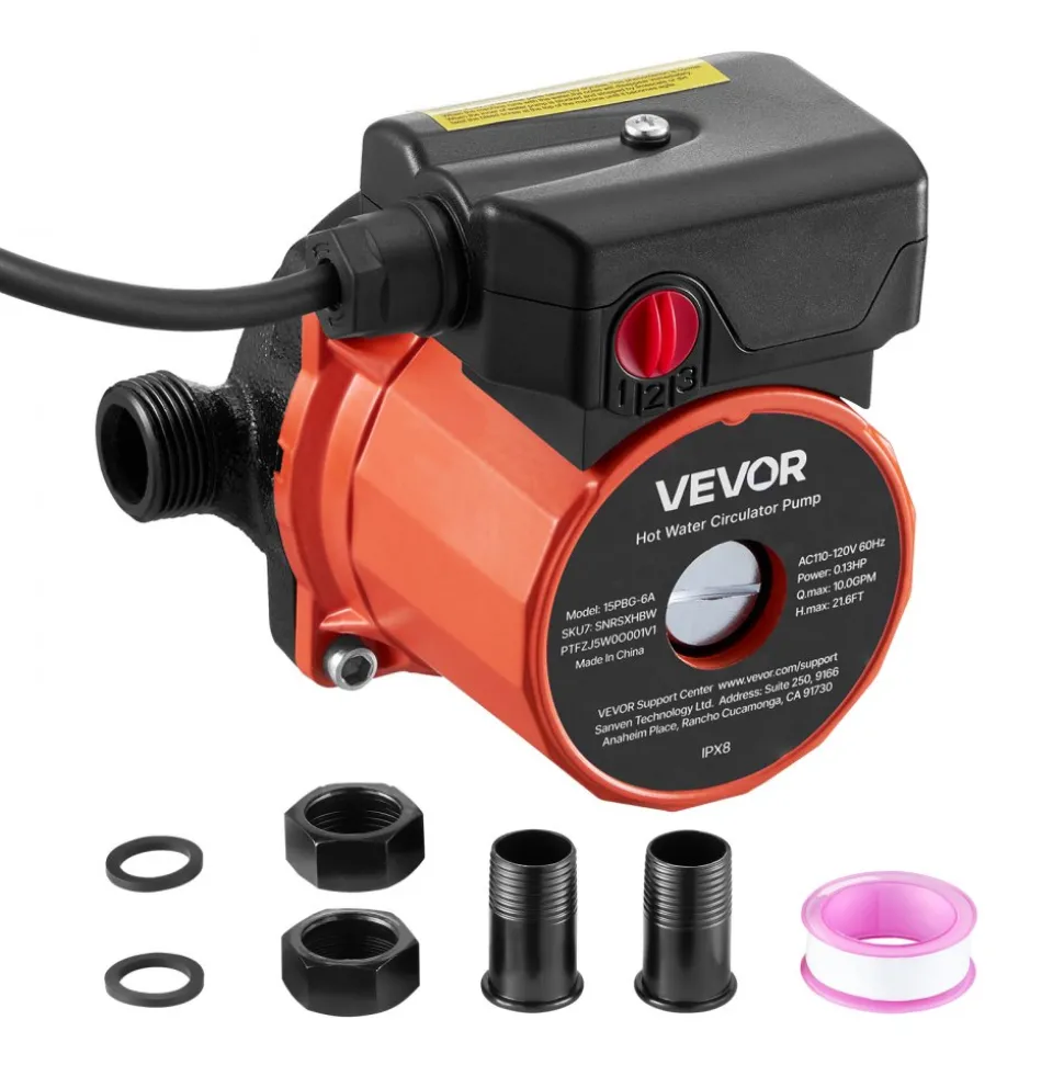 VEVOR Hot Water Recirculating Pump, 10 GPM, Instant Circulation Circulator Pump System, 3-Speed Control, 0.13 HP, 110-120V, NPT 3/4 in to NPT 1/2 in Adapter, Cast Iron Head, for Water Heater System