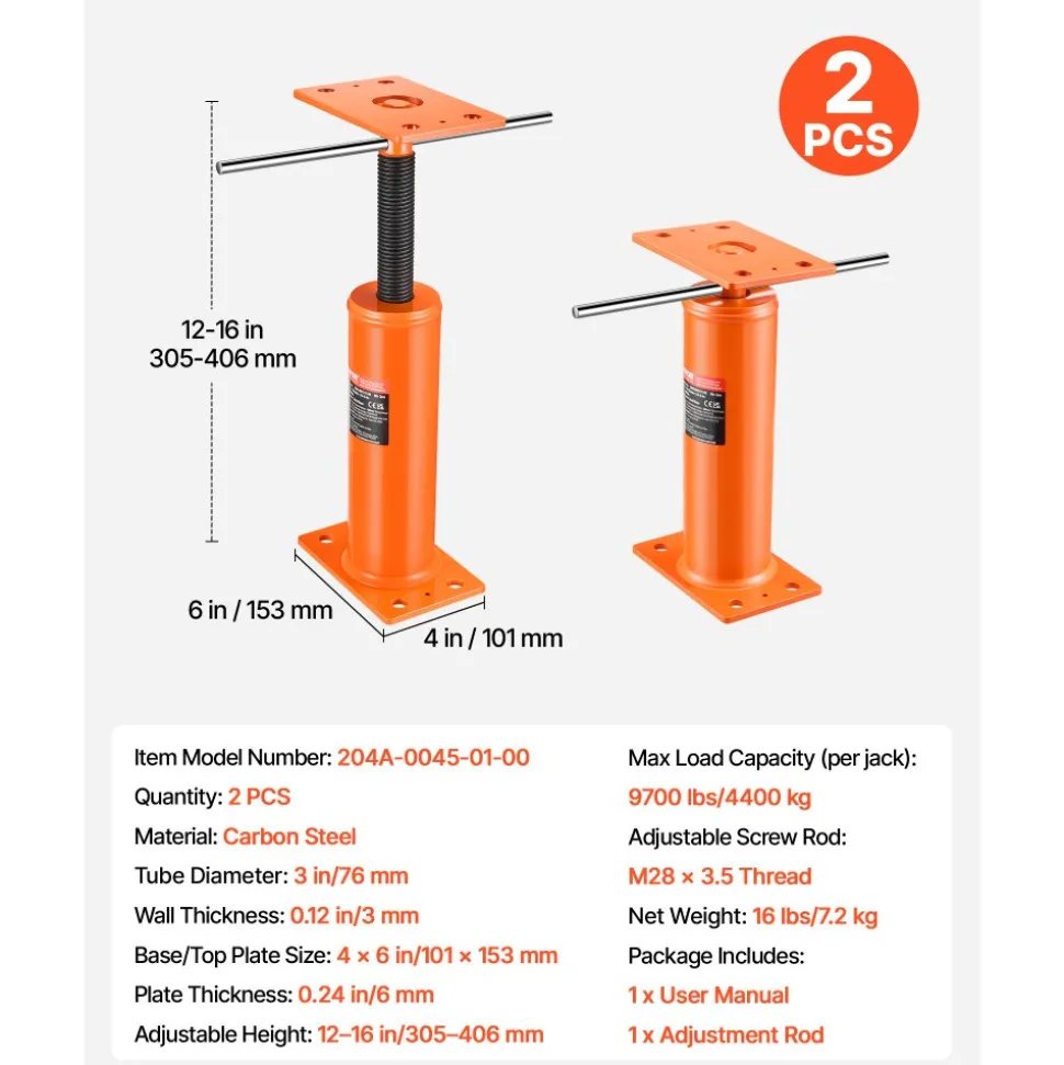 VEVOR House Floor Jacks, 2 Pack, 12"-16" Height Range, 9700 lbs Max Load Capacity Per Unit, Adjustable Support Beam Basement Jack Post Pole for Leveling, Steel Telescoping Jack for Temporary Support