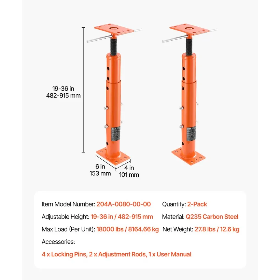VEVOR House Floor Jacks, 2 Pack 19-36 Inch Height Range, 18000 lbs Max Load Capacity, Adjustable Support Beam Basement Jack Post Pole for Leveling, Lift Steel Telescoping Post for Temporary Support