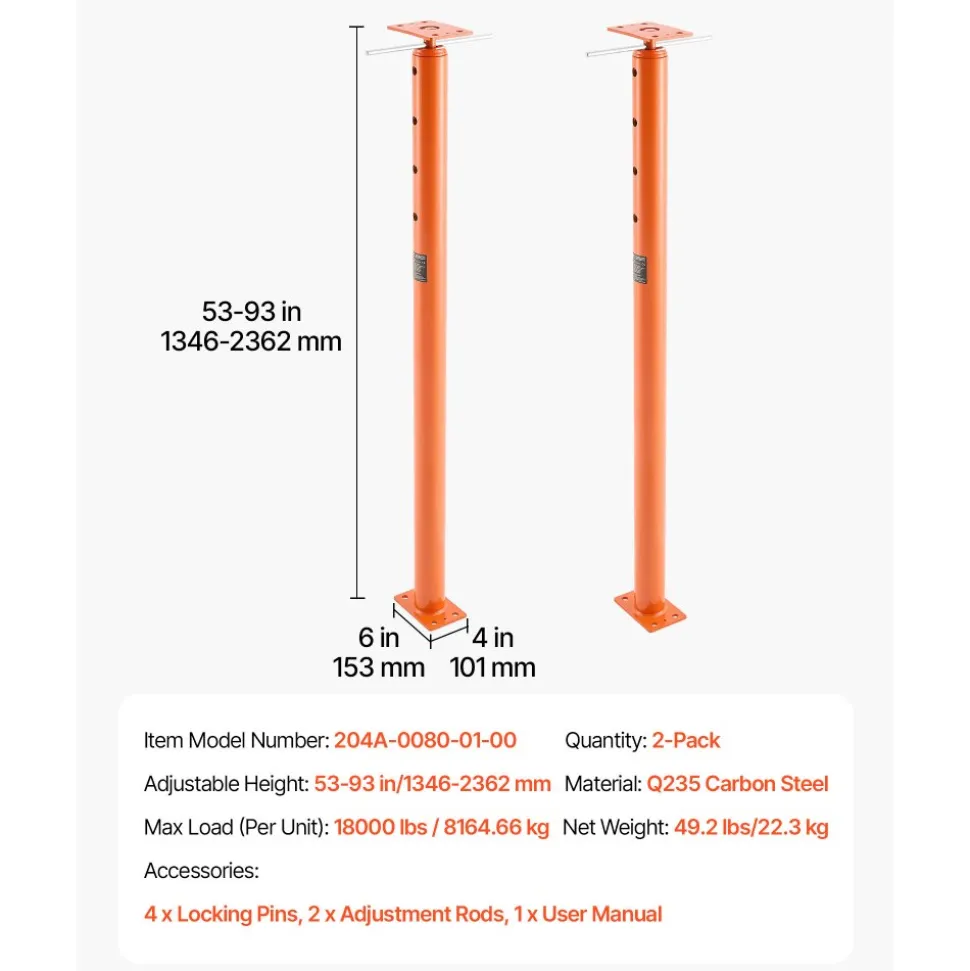 VEVOR House Floor Jacks, 2 Pack 53-93 Inch Height Range, 18000 lbs Max Load Capacity, Adjustable Support Beam Basement Jack Post Pole for Leveling, Lift Steel Telescoping Post for Temporary Support