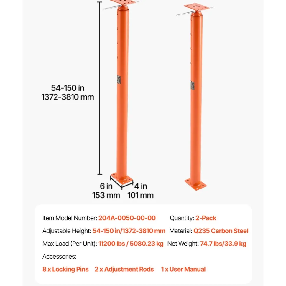 VEVOR House Floor Jacks, 2 Pack 54-150 Inch Height Range, 11200 lbs Max Load Capacity, Adjustable Support Beam Basement Jack Post Pole for Leveling, Lift Steel Telescoping Post for Temporary Support