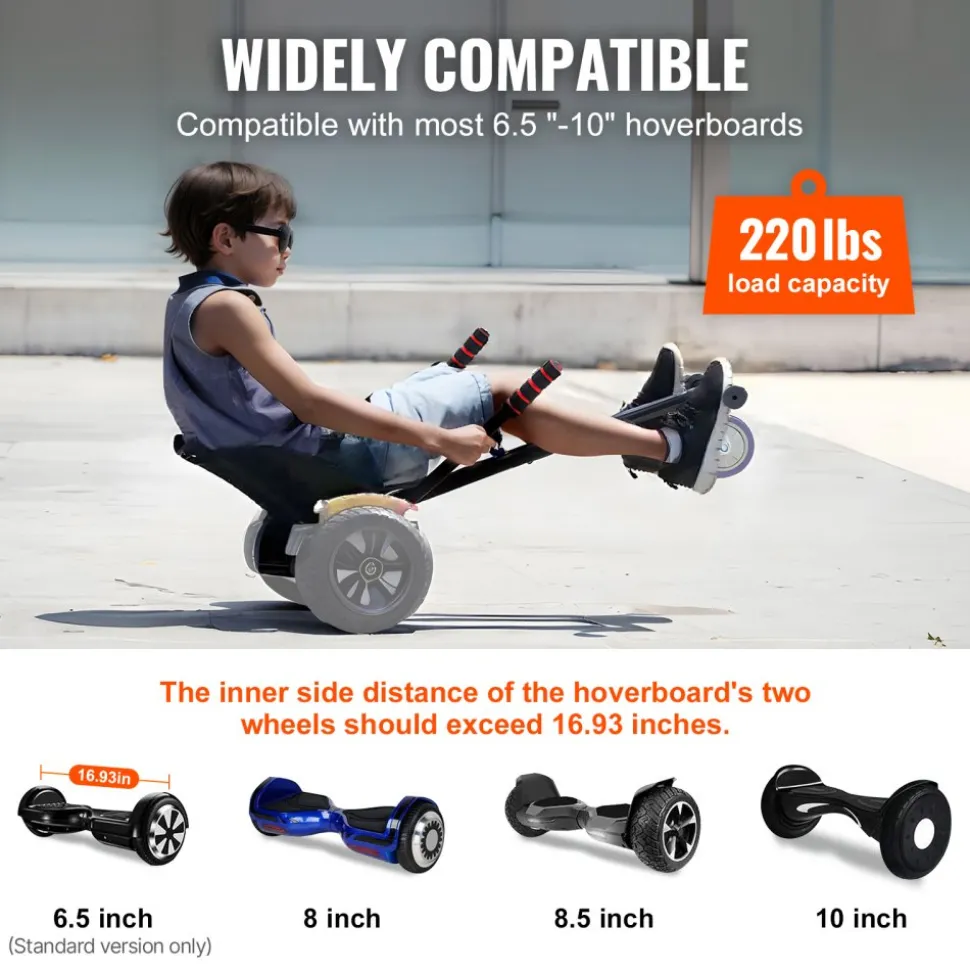 VEVOR Hoverboard Seat Attachment(Not included hoverboards), Compatible with All 6.5" 8" 8.5" 10" Hoverboards, Grips Control, Adjustable Frame Length and 220 LBS Load Capacity, Hover Board Go Karts Accessory, for Kids Adults.