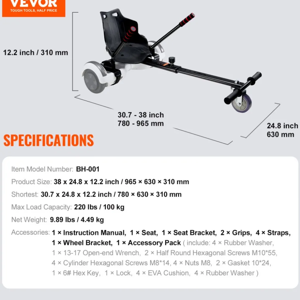 VEVOR Hoverboard Seat Attachment(Not included hoverboards), Compatible with All 6.5" 8" 8.5" 10" Hoverboards, Grips Control, Adjustable Frame Length and 220 LBS Load Capacity, Hover Board Go Karts Accessory, for Kids Adults.