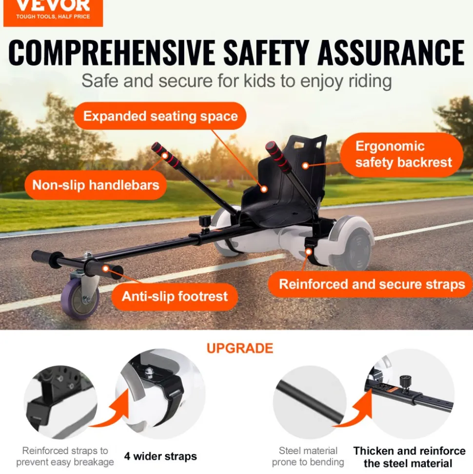 VEVOR Hoverboard Seat Attachment(Not included hoverboards), Compatible with All 6.5" 8" 8.5" 10" Hoverboards, Grips Control, Adjustable Frame Length and 220 LBS Load Capacity, Hover Board Go Karts Accessory, for Kids Adults.