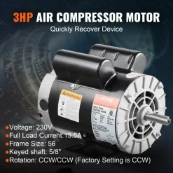 VEVOR 3HP Air Compressor Electric Motor, 230V 15.5 Amps, 56 Frame 3450RPM, 5/8" Keyed Shaft, 1.88" Shaft Length, Single Phase, CW/CCW Rotation (Factory Setting is CCW)