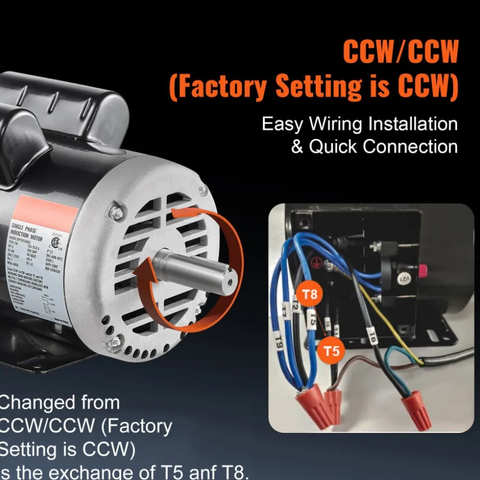 VEVOR 5HP Air Compressor Electric Motor, 230V 25 Amps, 56HZ Frame 3450RPM, 7/8" Keyed Shaft, 2.25" Shaft Length, Single Phase, CCW/CW (Factory Setting is CCW)
