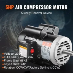 VEVOR 5HP Air Compressor Electric Motor, 230V 25 Amps, 56HZ Frame 3450RPM, 7/8
