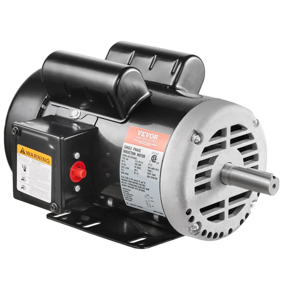 VEVOR 5HP Air Compressor Electric Motor, 230V 25 Amps, 56HZ Frame 3450RPM, 7/8" Keyed Shaft, 2.25" Shaft Length, Single Phase, CCW/CW (Factory Setting is CCW)