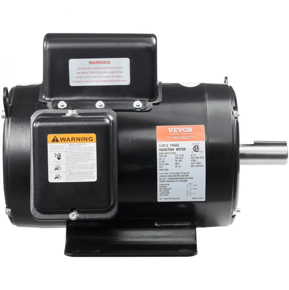VEVOR 7.5HP Air Compressor Motor, 230V 31.6 Amps Electric Motor, 3450RPM 184T Frame, 1-1/8" Keyed Shaft, 2.75" Shaft Length for Air Compressors, Single Phase, CCW/CCW (Factory Setting is CCW)